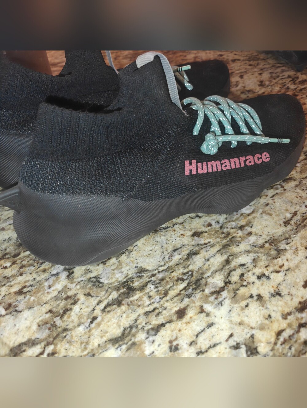 Adidas Humanrace Black Sock Runner with Pink Logo and Teal Laces